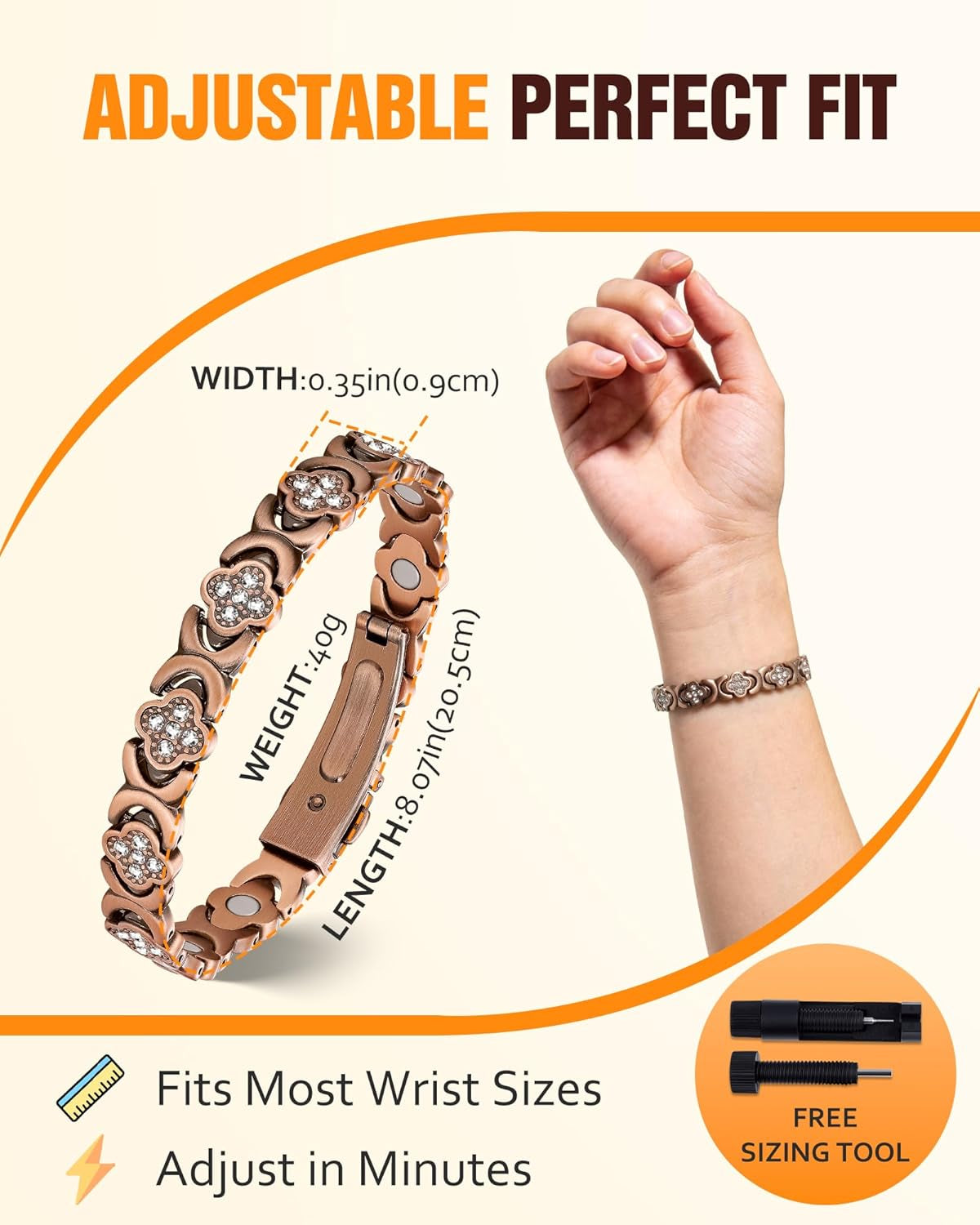 5X Strength Magnetic Copper Bracelet for Women Ellipse Magnets Pure Copper Magnetic Bracelet Premium Butterfly Clasp & Adjustable Length Four-Leaf Clover Health Bracelets