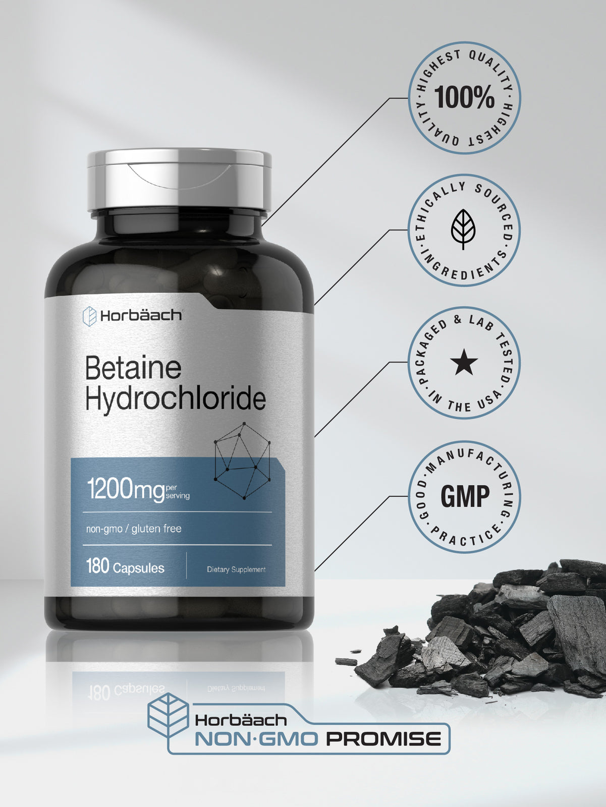 Betaine Hcl | 1200Mg | 180 Capsules | Betaine Hydrochloride | by Horbaach
