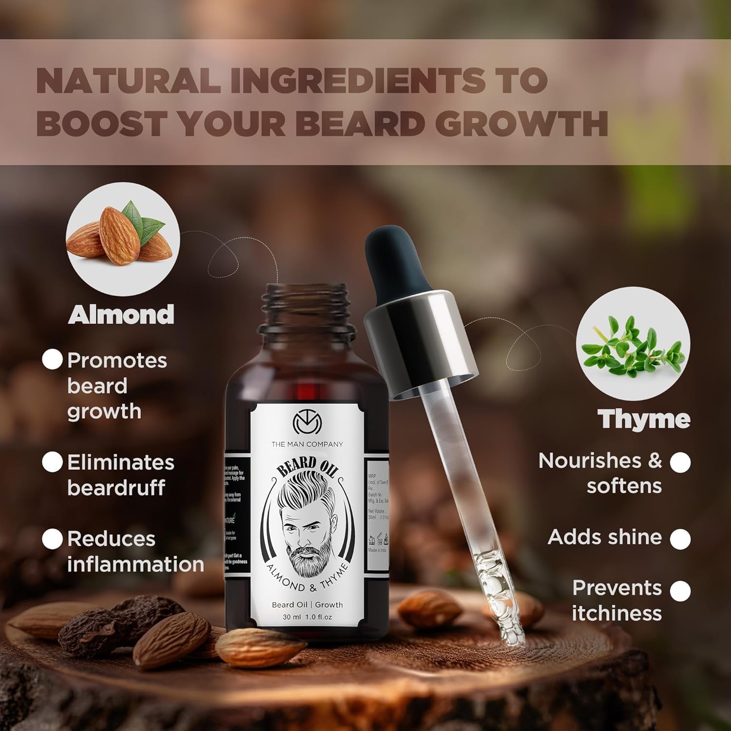 100% Natural Beard Oil for Men with Almond Oil, Thyme, Argan, and Jojoba Oil for Faster Beard Growth - 1.1 Oz | Beard Conditioner Oil, Softens & Strengthens Beards and Mustaches