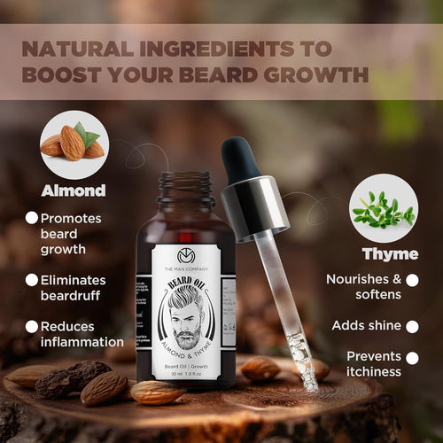 100% Natural Beard Oil for Men with Almond Oil, Thyme, Argan, and Jojoba Oil for Faster Beard Growth - 1.1 Oz | Beard Conditioner Oil, Softens & Strengthens Beards and Mustaches