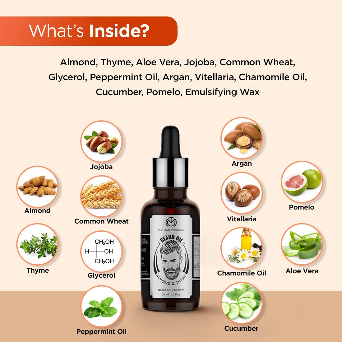 100% Natural Beard Oil for Men with Almond Oil, Thyme, Argan, and Jojoba Oil for Faster Beard Growth - 1.1 Oz | Beard Conditioner Oil, Softens & Strengthens Beards and Mustaches