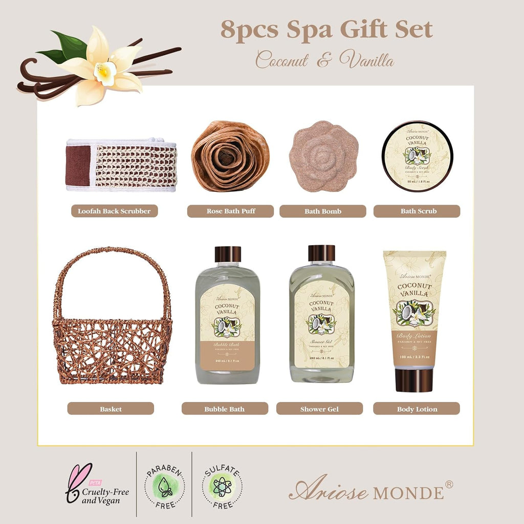 Spa Gift Baskets - Coconut Vanilla Bath Gift Set for Women, Relaxing Spa Kit with Bath Bombs, Body Lotion and Body Scrub, Birthday Gifts for Women, Christmas Spa Gifts for Mom