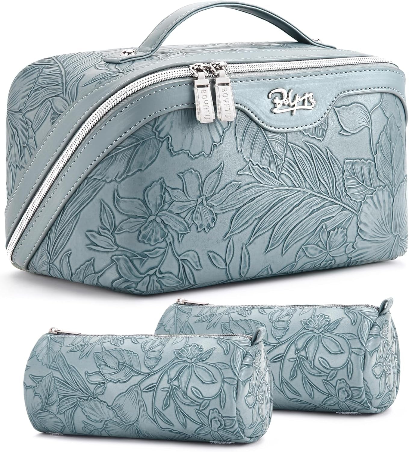 Travel Makeup Bags Cosmetic Organizer Bag: 3 Pcs Set Large Capacity Floral Make up Bag with Compartments - Waterproof Leather Toiletry Bags with Handle for Women (01-Light Blue)