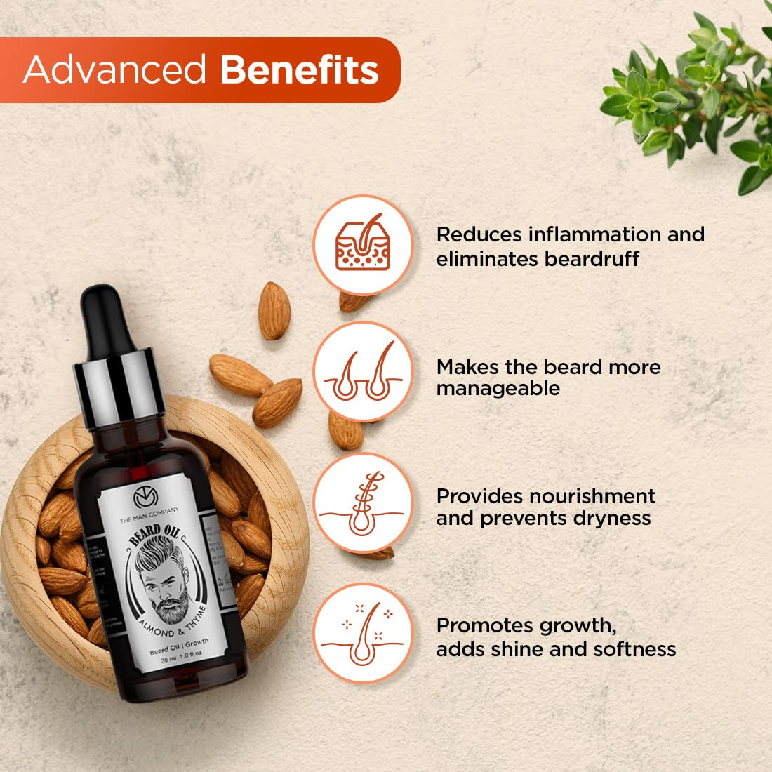 100% Natural Beard Oil for Men with Almond Oil, Thyme, Argan, and Jojoba Oil for Faster Beard Growth - 1.1 Oz | Beard Conditioner Oil, Softens & Strengthens Beards and Mustaches