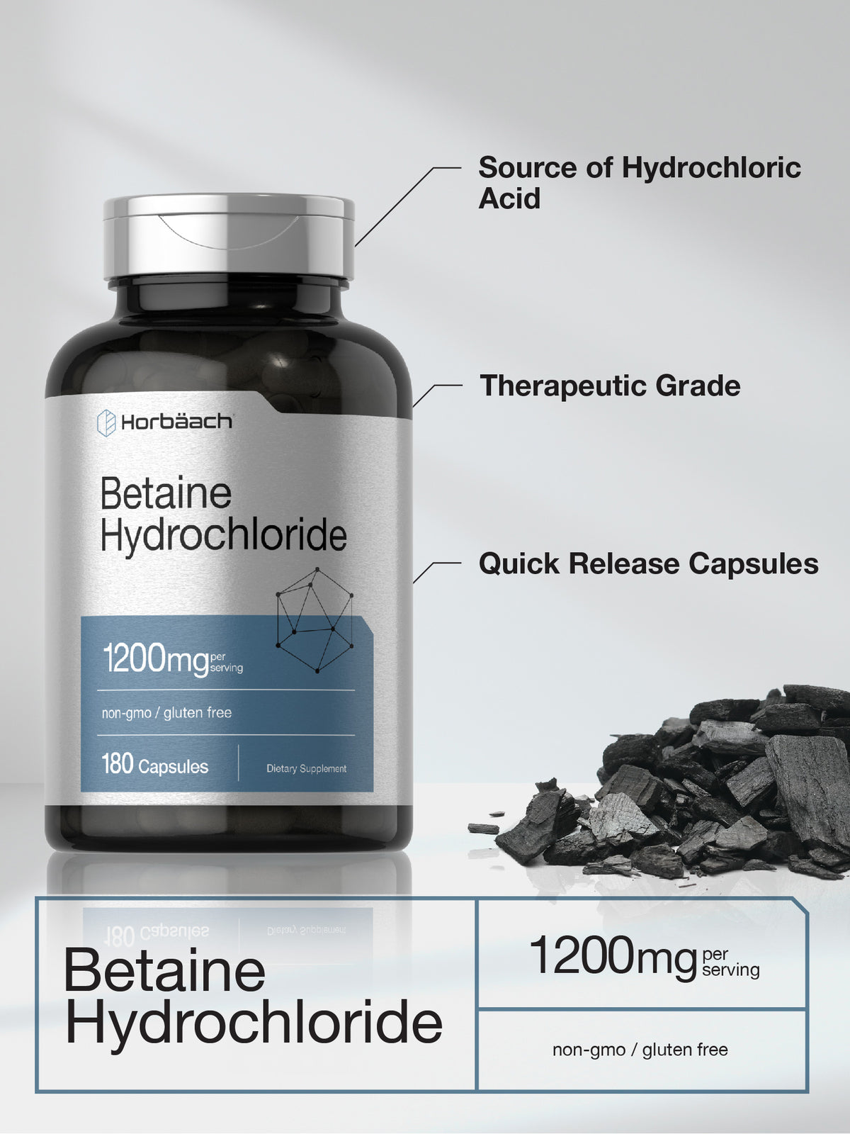 Betaine Hcl | 1200Mg | 180 Capsules | Betaine Hydrochloride | by Horbaach