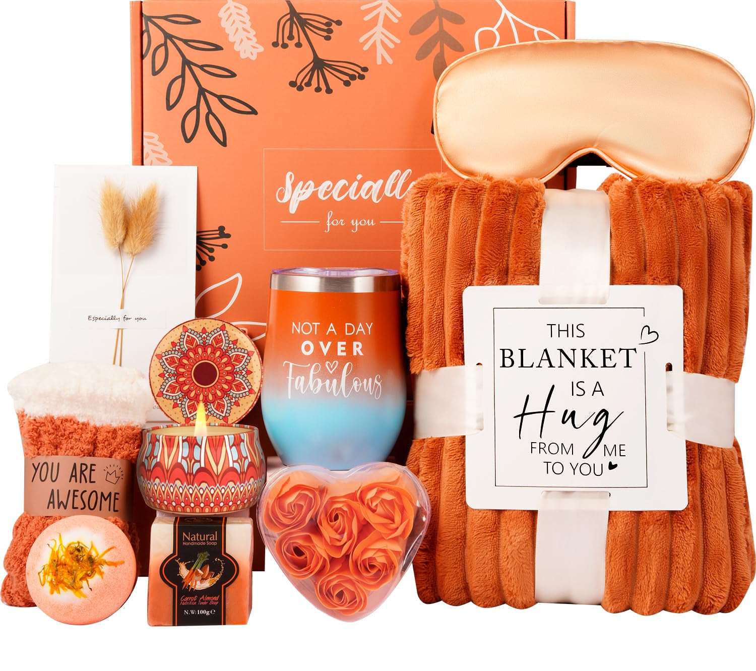 Mother'S Day Gifts Baskets for Women Mom Her Wife Girlfriend,Birthday Gifts for Women Teacher Friend W/Cozy Blanket Rose Relaxing Spa Gifts Set,Self Care Get Well Gifts for Her Valentines Mothers Day