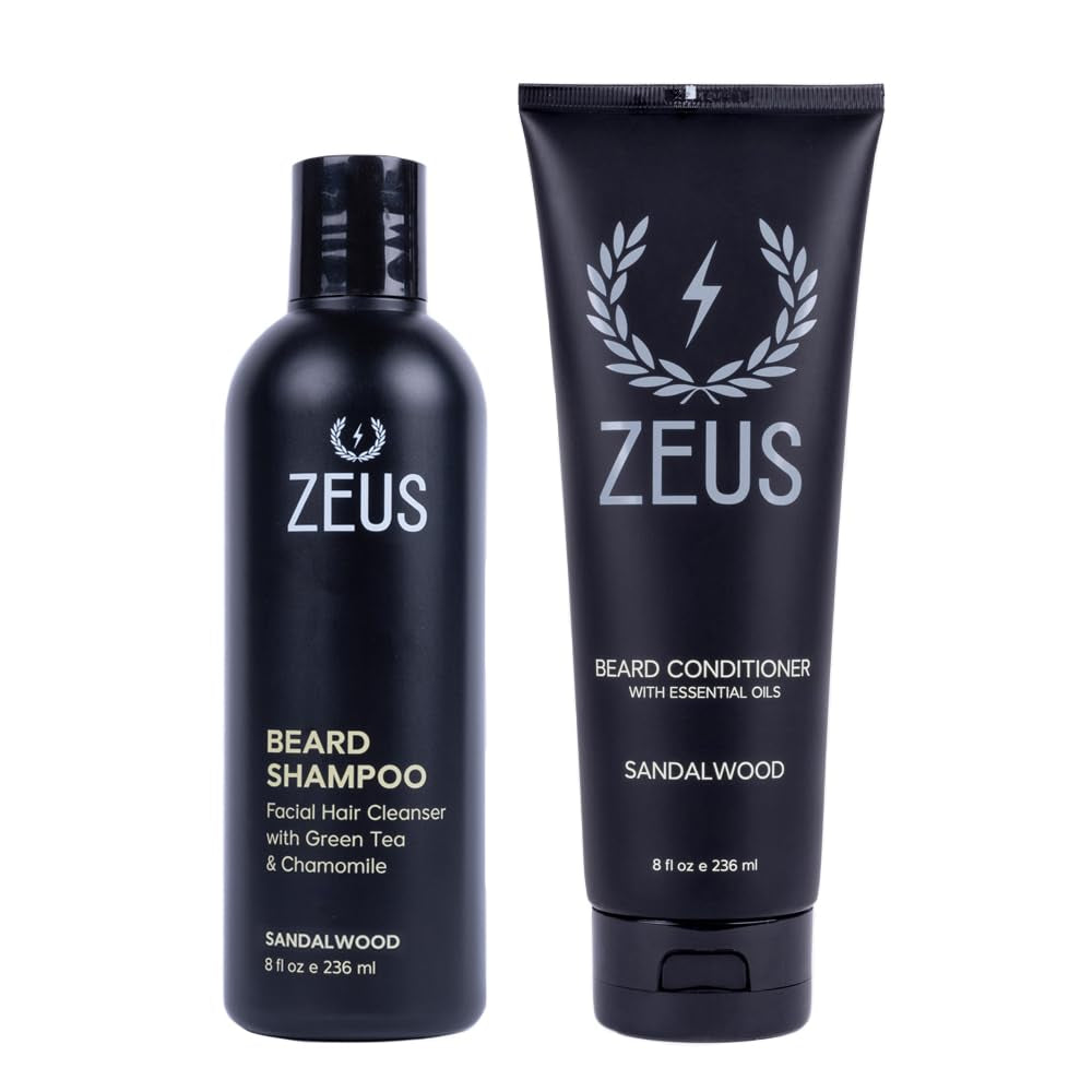 Beard Wash Set for Men, Shampoo & Conditioner Duo with Green Tea & Essential Oils, Hydrates, Softens & Strengthens Beard Hair (Made in USA) Sandalwood