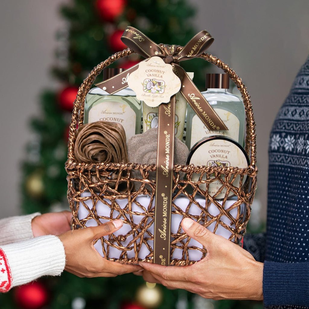 Spa Gift Baskets - Coconut Vanilla Bath Gift Set for Women, Relaxing Spa Kit with Bath Bombs, Body Lotion and Body Scrub, Birthday Gifts for Women, Christmas Spa Gifts for Mom