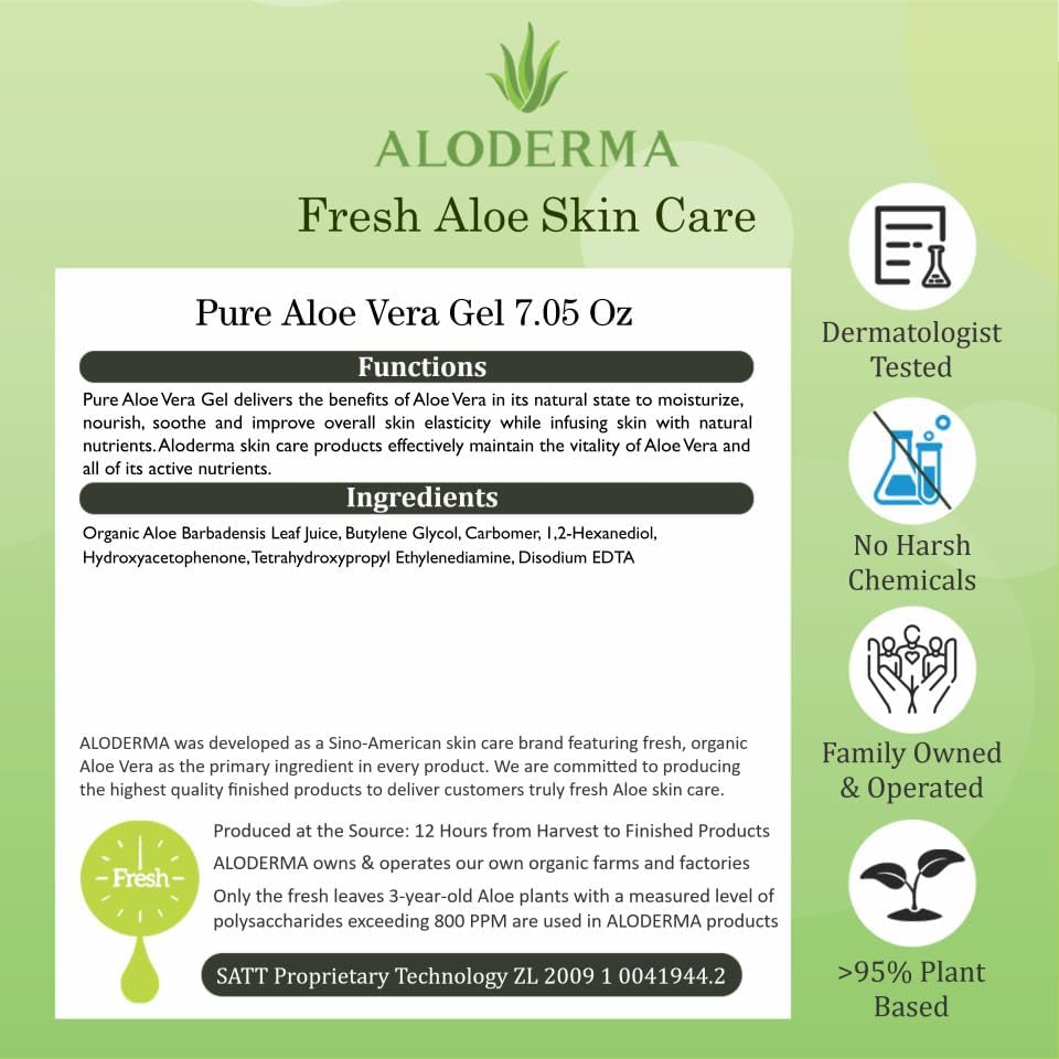 Aloe Vera Gel Made within 12 Hours of Harvest with 96% Pure Organic Aloe Vera for Skin, Scalp, & Hair, Soothing Aloe Face Moisturizer, Multipurpose, Hydrating Aloe Gel, 7.05Oz