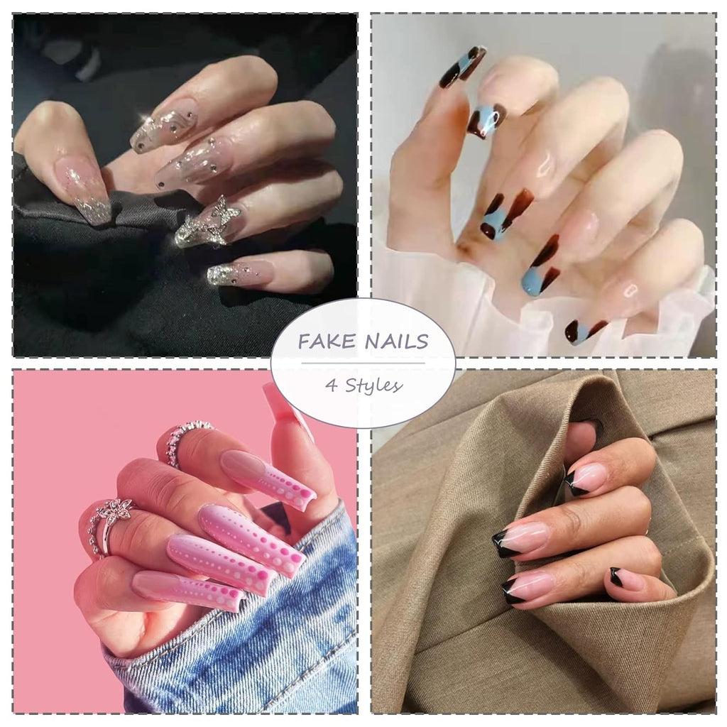 Press on False Nails Full Cover Glue Stick on Fake Nails - Long Coffin, Brown Fall Acrylic, 24Pcs, Bling Glossy Manicure for Women and Girls