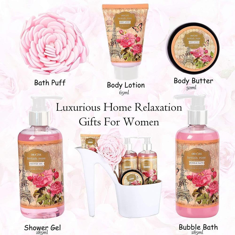Valentine'S Day Gifts for Women - 8 Pcs Luxury Rose Scented Heel Shoe Design Bath and Body Spa Basket - Shower Gel, Bubble Bath, Body Butter, Lotion & More -Gift for Her, Mom, Wife, Friends by