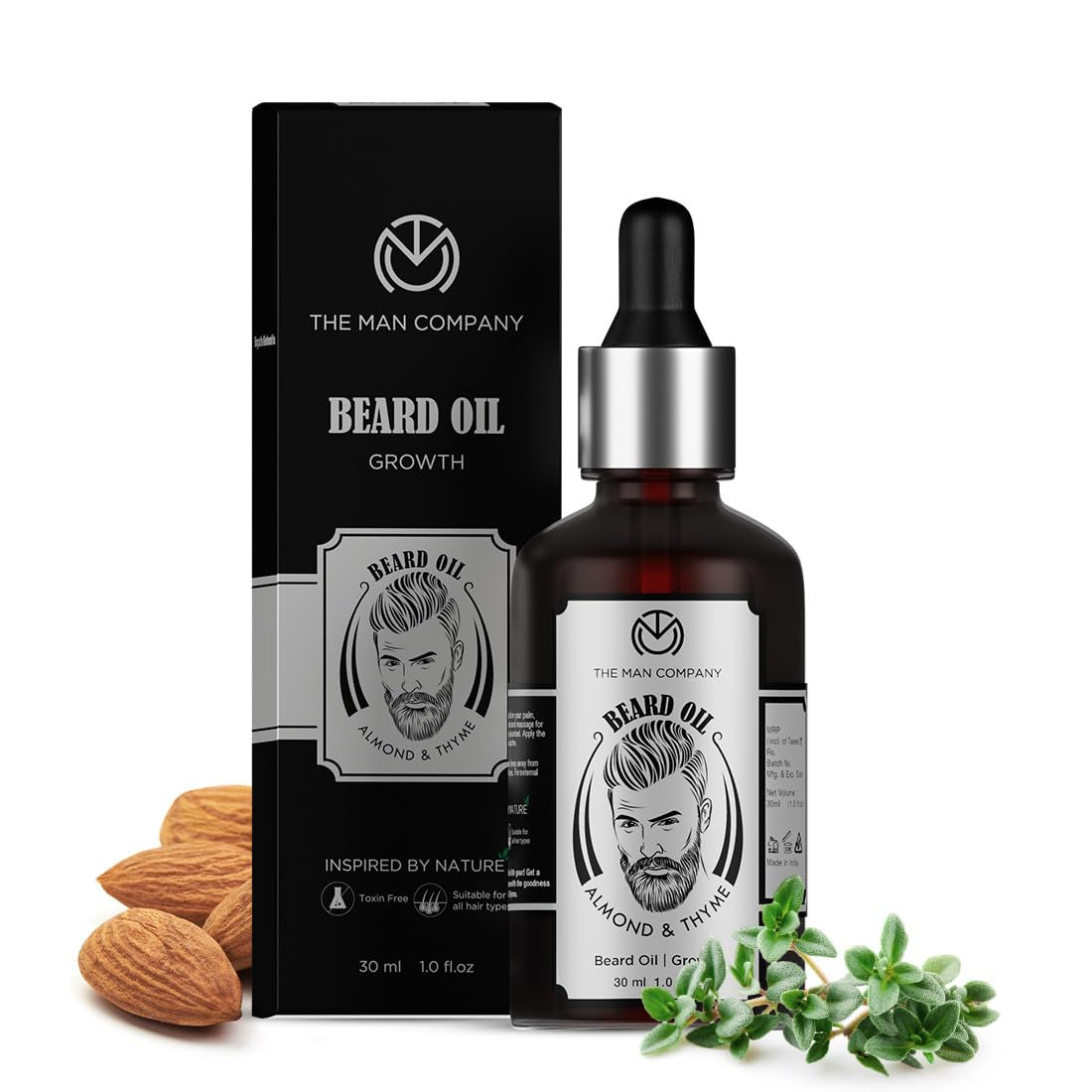 100% Natural Beard Oil for Men with Almond Oil, Thyme, Argan, and Jojoba Oil for Faster Beard Growth - 1.1 Oz | Beard Conditioner Oil, Softens & Strengthens Beards and Mustaches