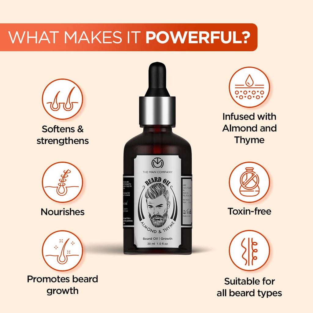 100% Natural Beard Oil for Men with Almond Oil, Thyme, Argan, and Jojoba Oil for Faster Beard Growth - 1.1 Oz | Beard Conditioner Oil, Softens & Strengthens Beards and Mustaches
