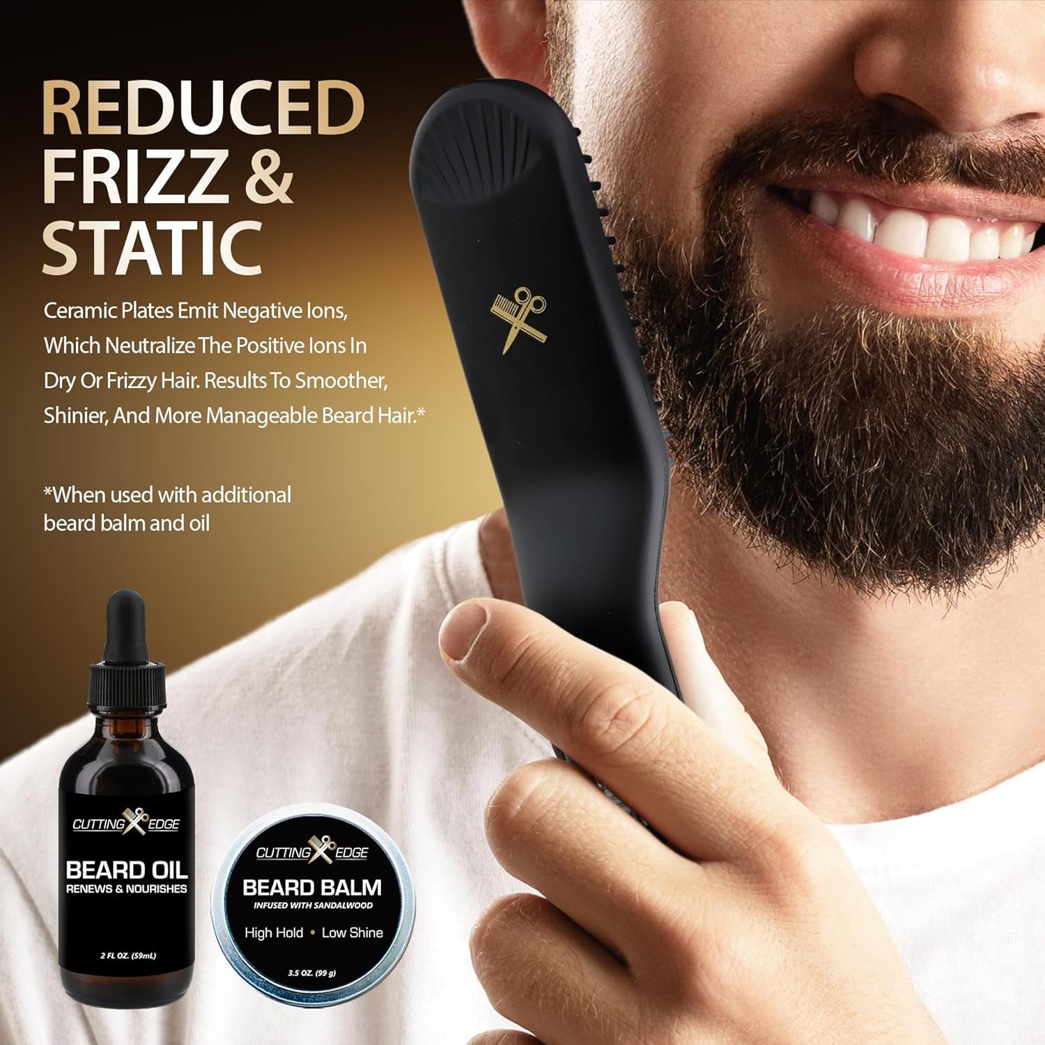 Heated Beard Straightener Brush for Men, Includes Beard Oil & Beard Balm, Ceramic Heated Brush, Auto Shutoff, Beard Straightening Hot Comb Tool for Men