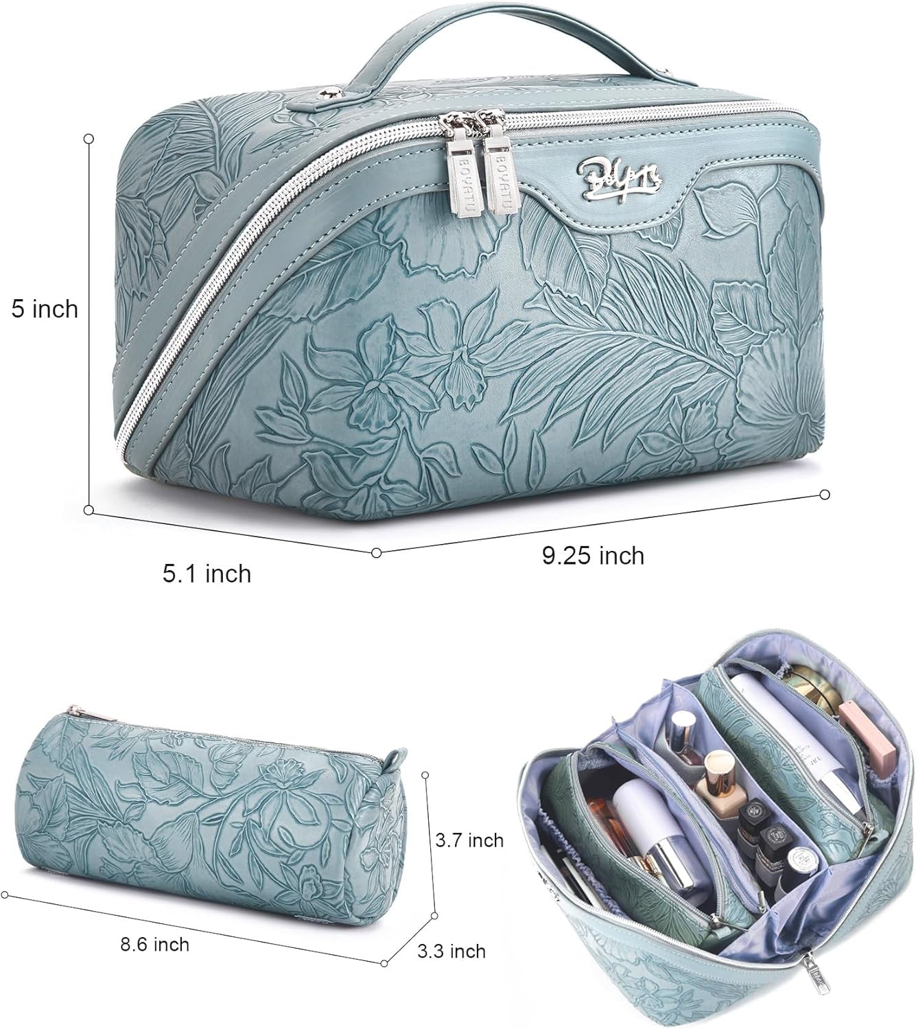 Travel Makeup Bags Cosmetic Organizer Bag: 3 Pcs Set Large Capacity Floral Make up Bag with Compartments - Waterproof Leather Toiletry Bags with Handle for Women (01-Light Blue)