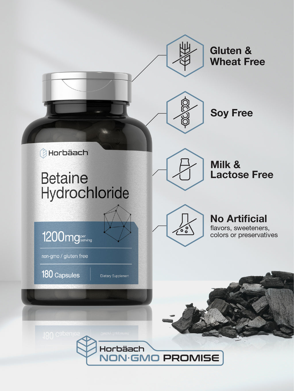 Betaine Hcl | 1200Mg | 180 Capsules | Betaine Hydrochloride | by Horbaach