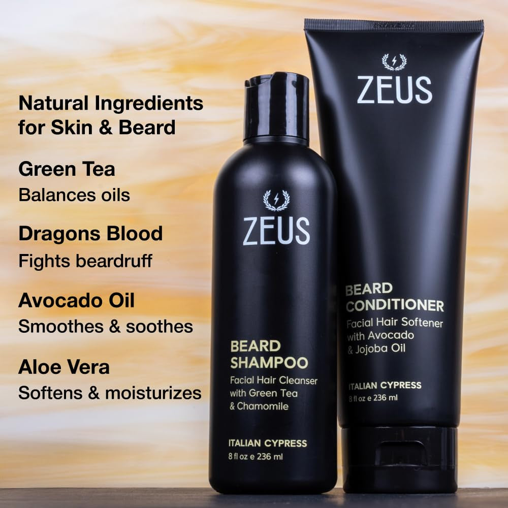 Beard Wash Set for Men, Shampoo & Conditioner Duo with Green Tea & Essential Oils, Hydrates, Softens & Strengthens Beard Hair (Made in USA) Sandalwood