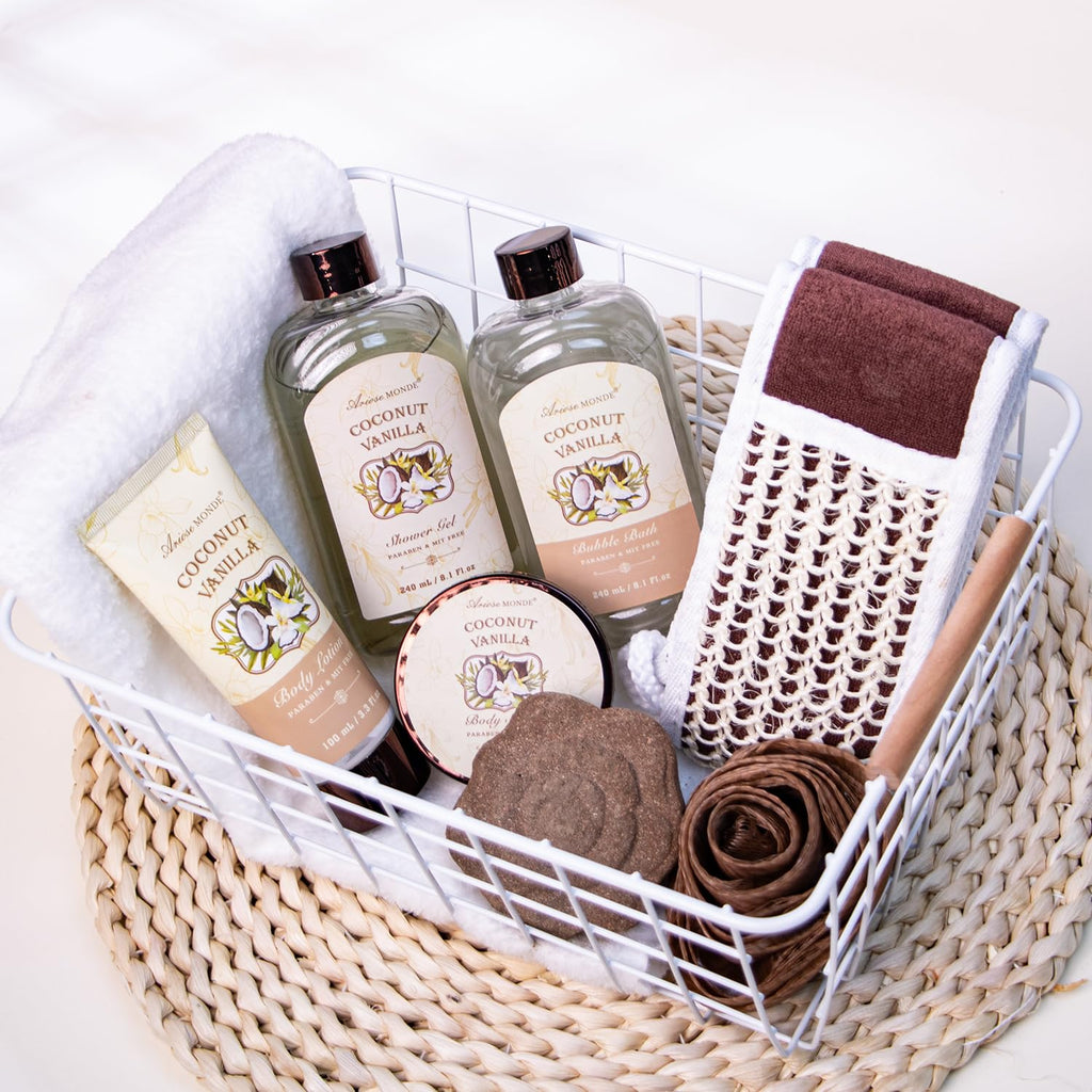 Spa Gift Baskets - Coconut Vanilla Bath Gift Set for Women, Relaxing Spa Kit with Bath Bombs, Body Lotion and Body Scrub, Birthday Gifts for Women, Christmas Spa Gifts for Mom