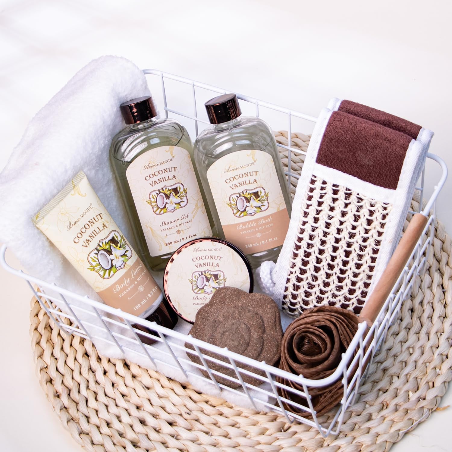 Spa Gift Baskets - Coconut Vanilla Bath Gift Set for Women, Relaxing Spa Kit with Bath Bombs, Body Lotion and Body Scrub, Birthday Gifts for Women, Christmas Spa Gifts for Mom