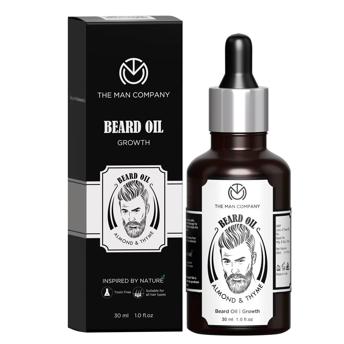 100% Natural Beard Oil for Men with Almond Oil, Thyme, Argan, and Jojoba Oil for Faster Beard Growth - 1.1 Oz | Beard Conditioner Oil, Softens & Strengthens Beards and Mustaches