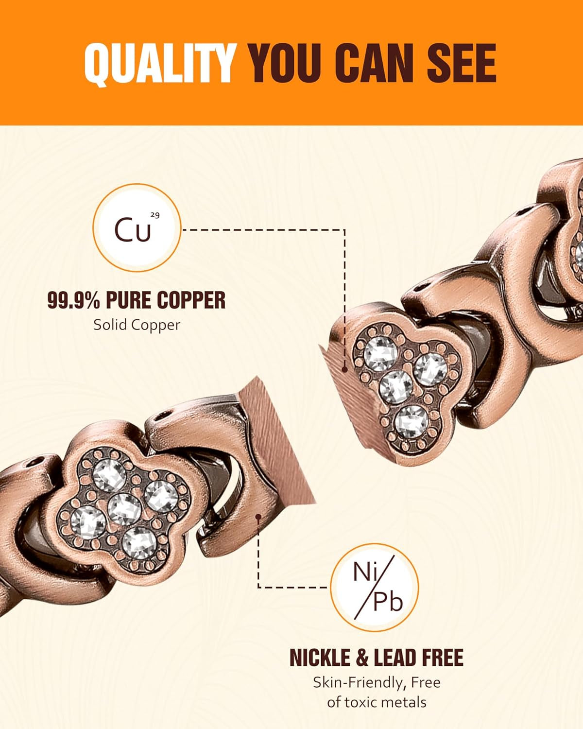 5X Strength Magnetic Copper Bracelet for Women Ellipse Magnets Pure Copper Magnetic Bracelet Premium Butterfly Clasp & Adjustable Length Four-Leaf Clover Health Bracelets